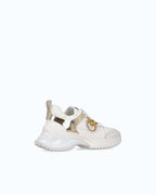 White women's trainers with gold mirror-effect side panels and chunky sole