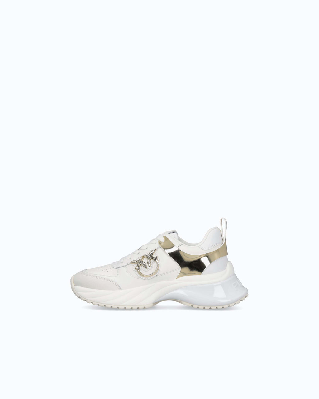 White women's trainers with gold mirror-effect side panels and chunky sole