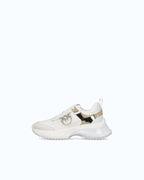 White women's trainers with gold mirror-effect side panels and chunky sole