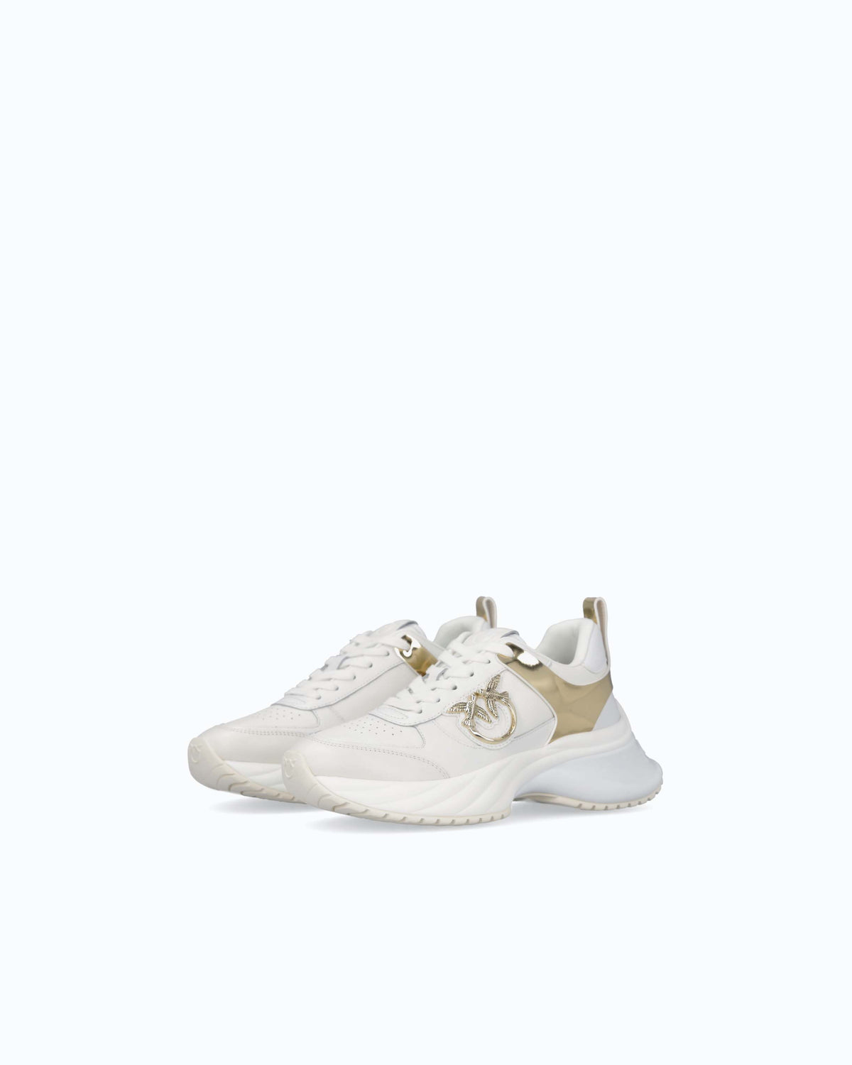White women's trainers with gold mirror-effect side panels and chunky sole