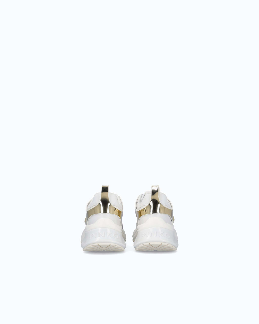 White women's trainers with gold mirror-effect side panels and chunky sole