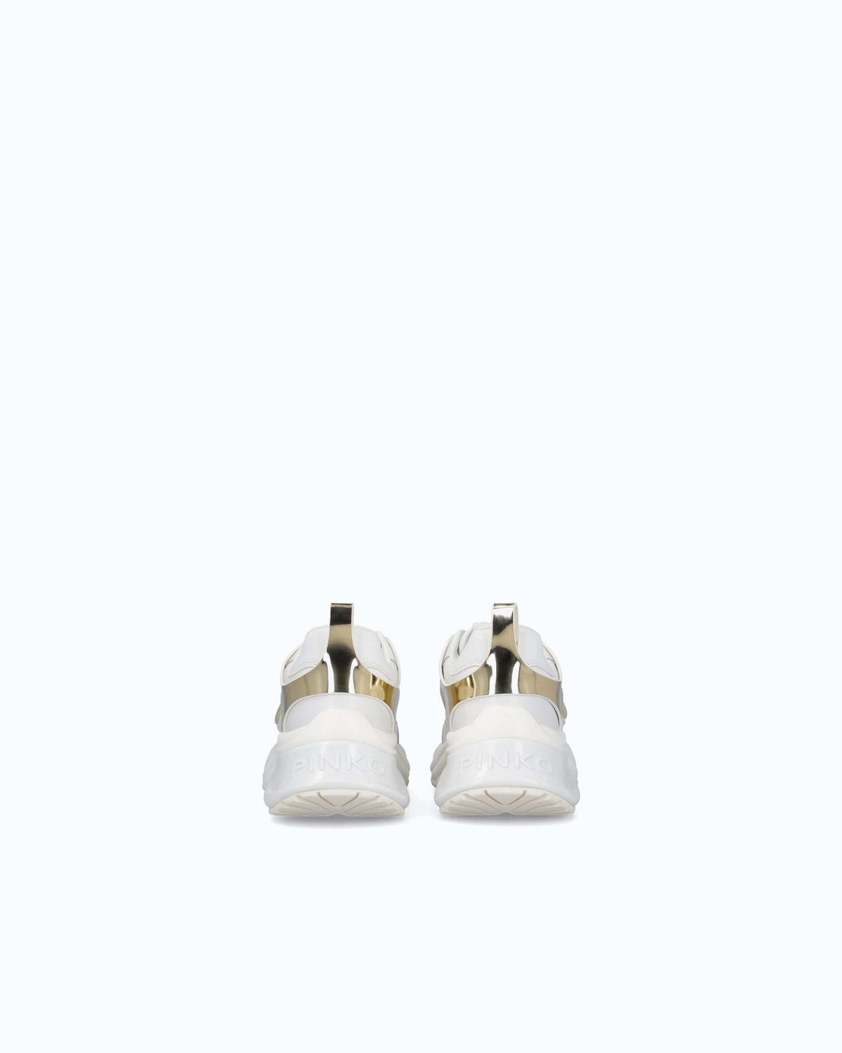 White women's trainers with gold mirror-effect side panels and chunky sole