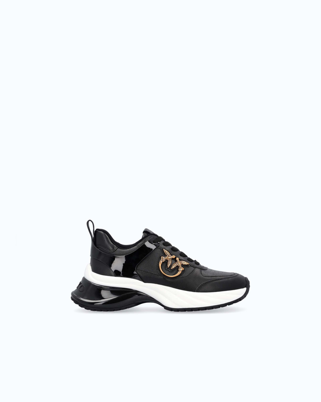 Black lace-up platform trainers with white sole and gold side emblem