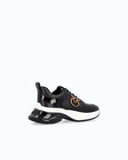 Black lace-up platform trainers with white sole and gold side emblem