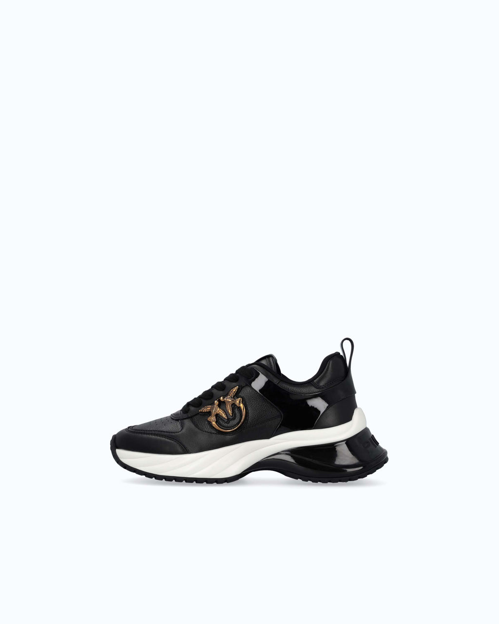 Black lace-up platform trainers with white sole and gold side emblem