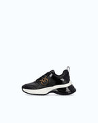 Black lace-up platform trainers with white sole and gold side emblem