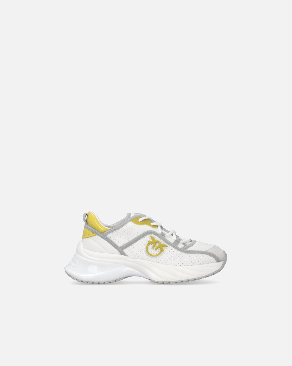 White perforated lace-up sneakers with yellow and grey details