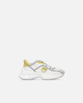 White perforated lace-up sneakers with yellow and grey details
