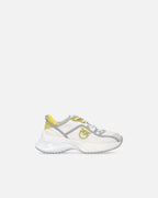 White perforated lace-up sneakers with yellow and grey details