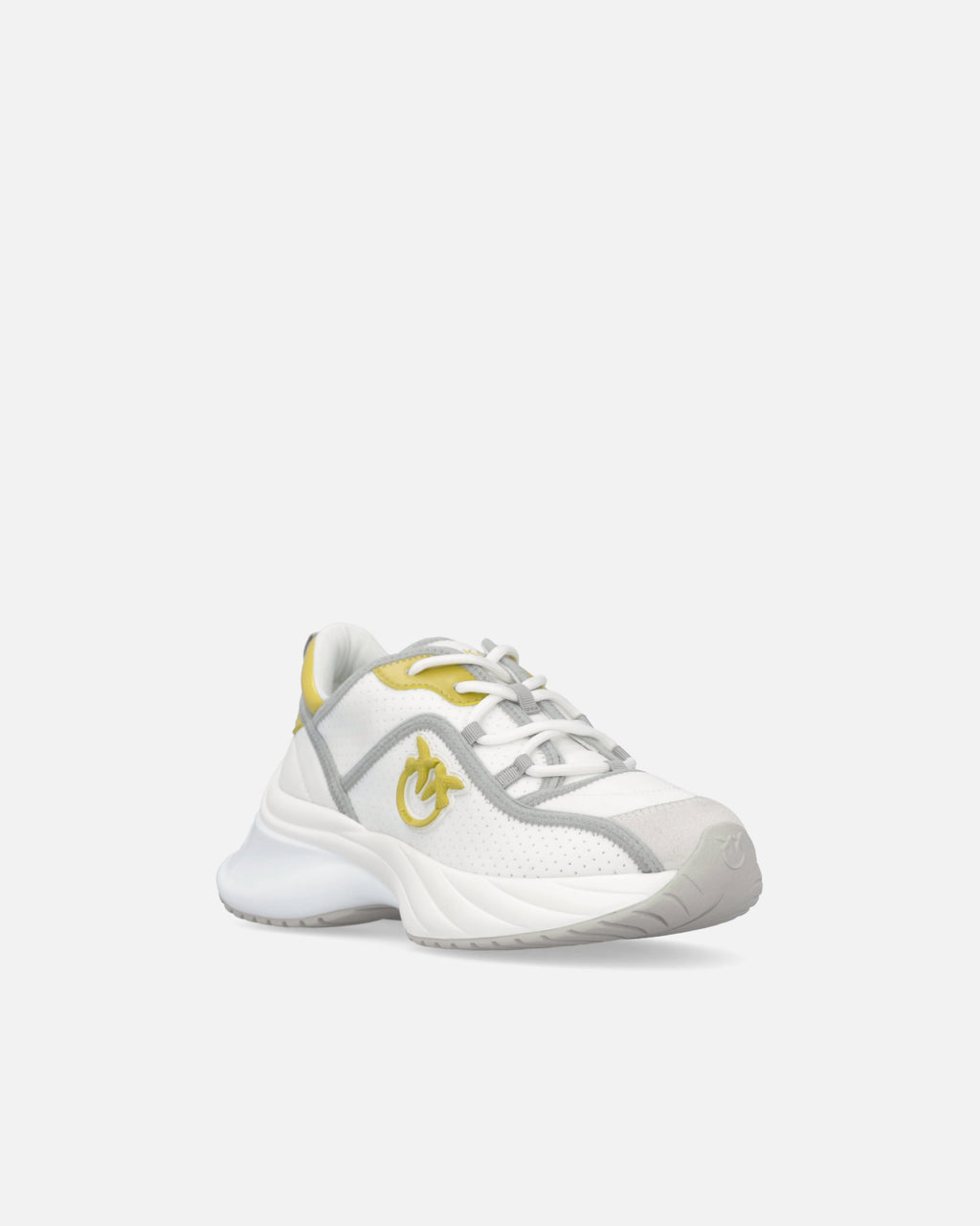 White perforated lace-up sneakers with yellow and grey details
