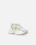 White perforated lace-up sneakers with yellow and grey details