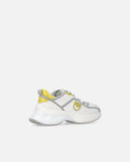 White perforated lace-up sneakers with yellow and grey details