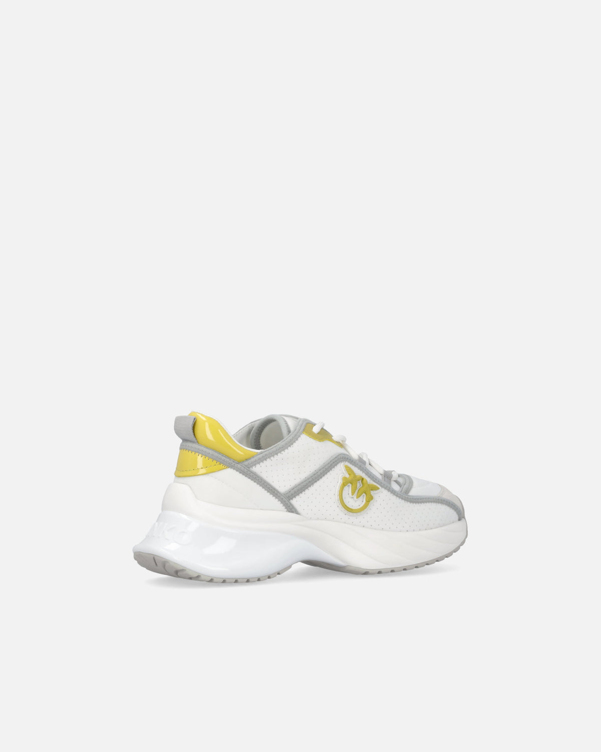 White perforated lace-up sneakers with yellow and grey details