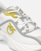 White perforated lace-up sneakers with yellow and grey details