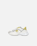 White perforated lace-up sneakers with yellow and grey details