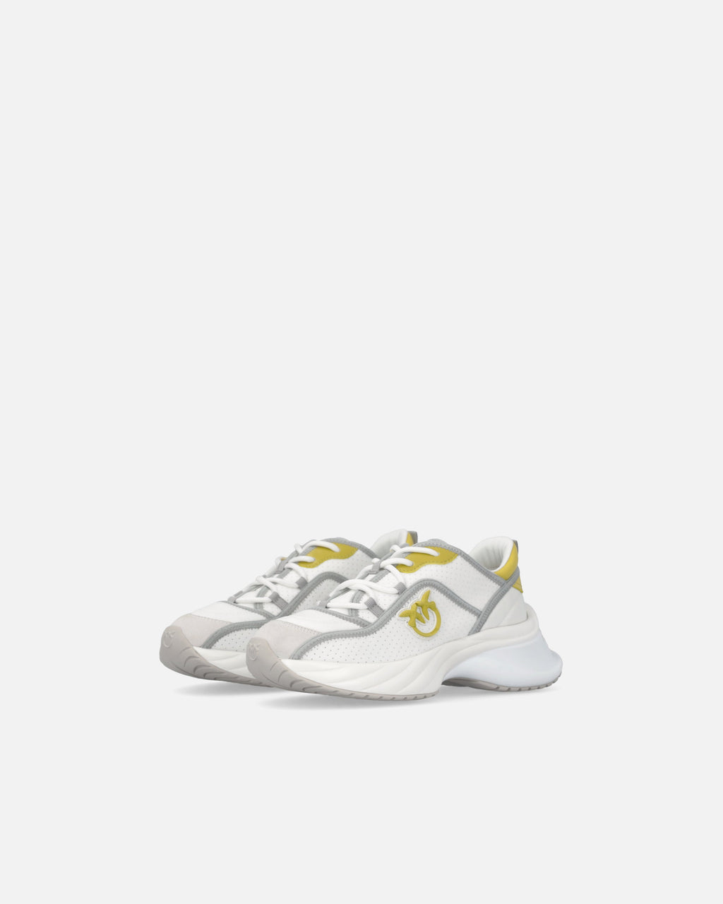 White perforated lace-up sneakers with yellow and grey details