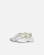 White perforated lace-up sneakers with yellow and grey details