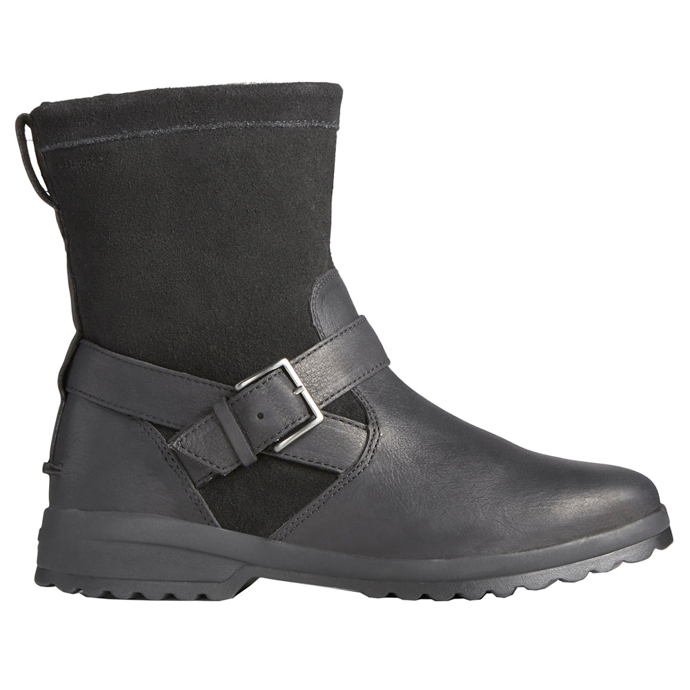 Black pull-on ankle boots with buckle strap and textured sole