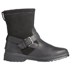 Black pull-on ankle boots with buckle strap and textured sole