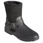 Black pull-on ankle boots with buckle strap and textured sole
