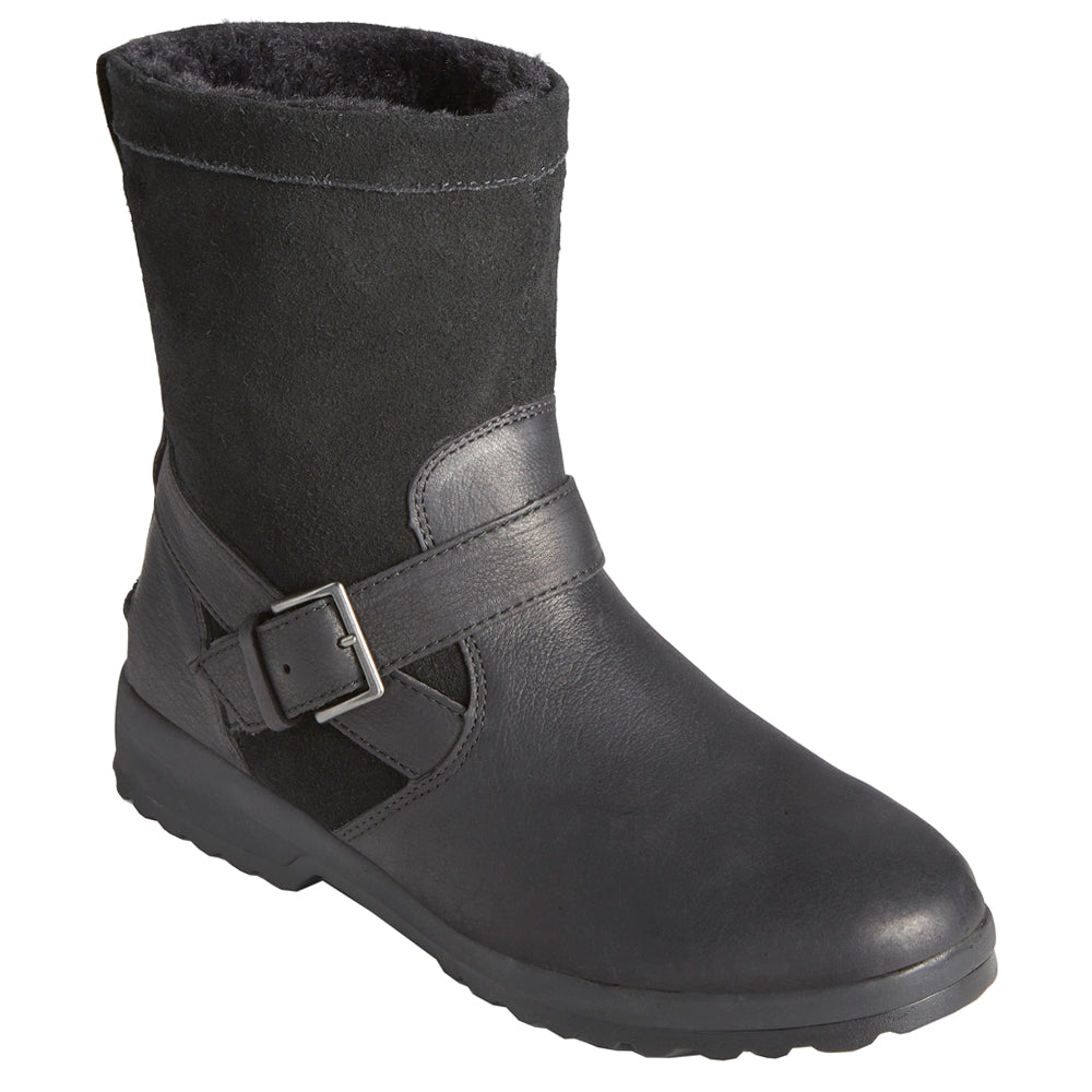 Black pull-on ankle boots with buckle strap and textured sole