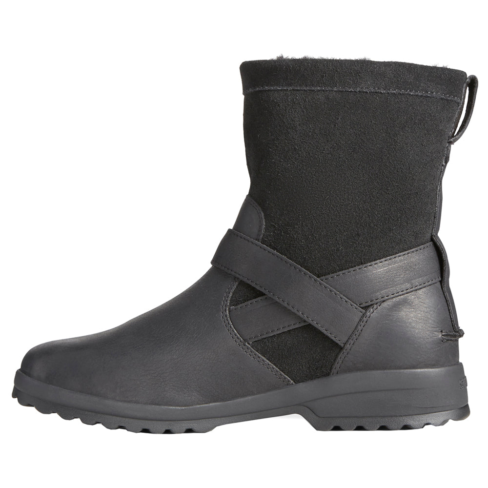 Black pull-on ankle boots with buckle strap and textured sole
