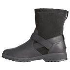 Black pull-on ankle boots with buckle strap and textured sole