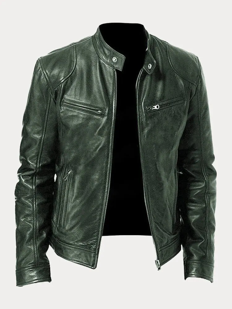 Men's biker jacket with stand collar, long sleeves and multiple zipped pockets