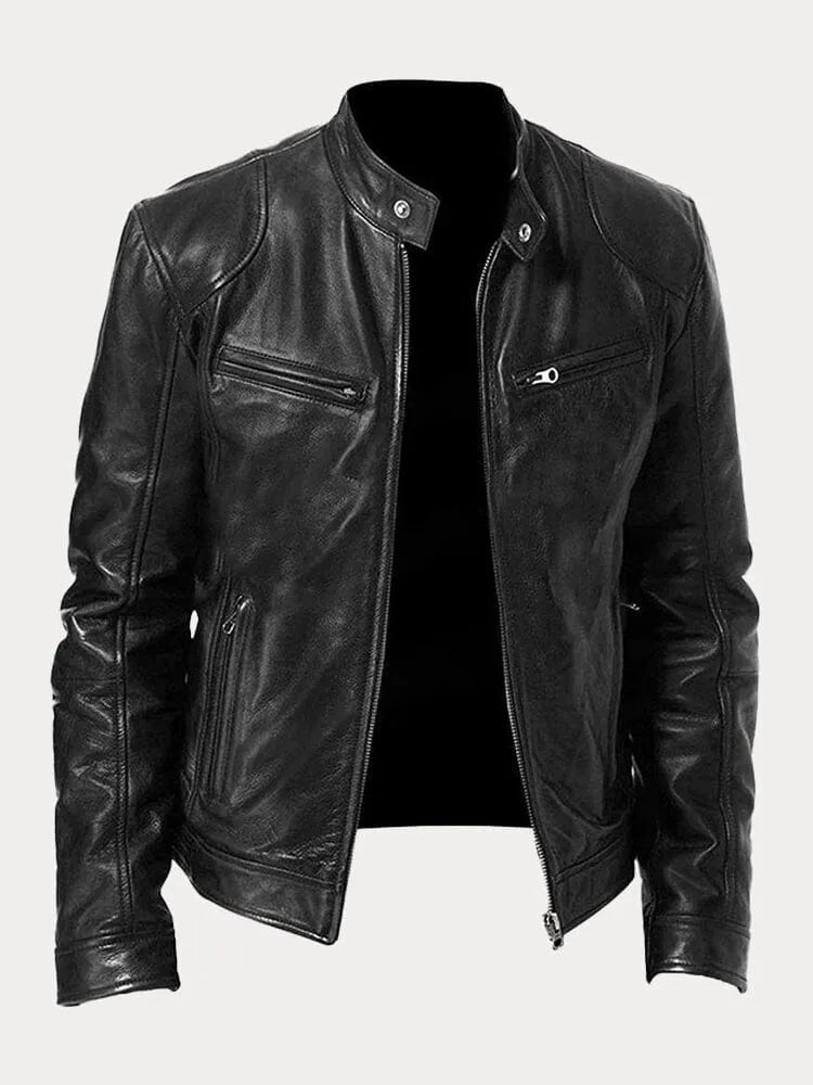 Men's biker jacket with stand collar, long sleeves and multiple zipped pockets