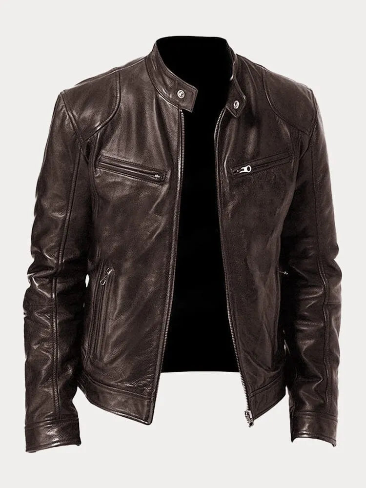 Men's biker jacket with stand collar, long sleeves and multiple zipped pockets