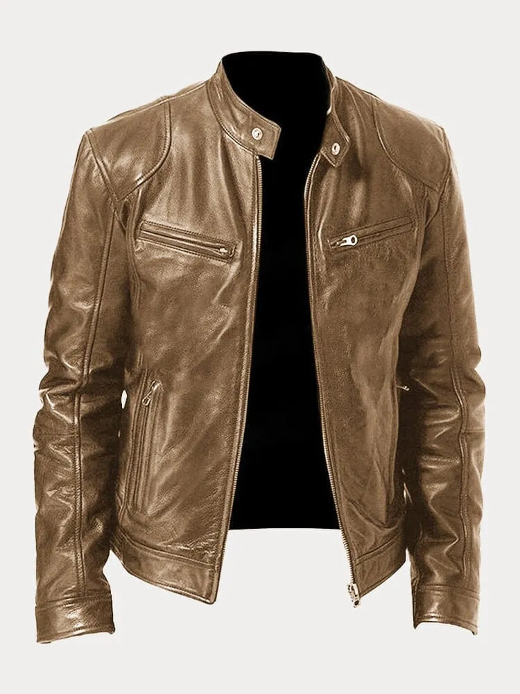 Men's biker jacket with stand collar, long sleeves and multiple zipped pockets