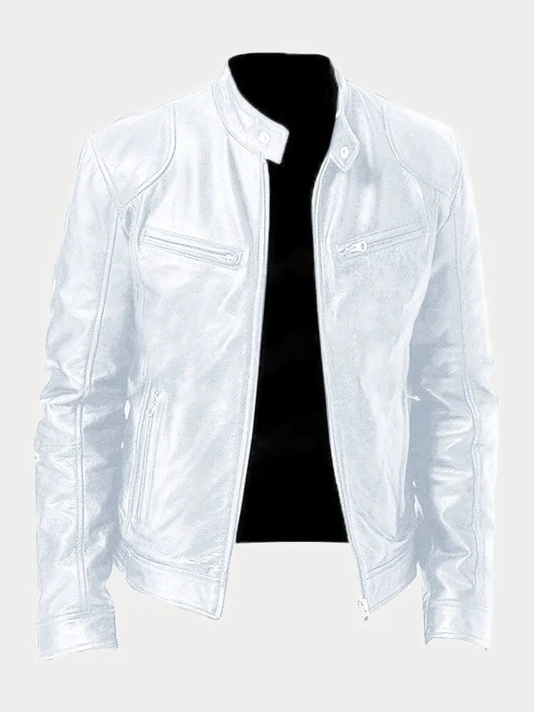 Men's biker jacket with stand collar, long sleeves and multiple zipped pockets