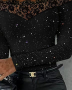 Women's off-shoulder long-sleeve top with floral lace trim and glitter flecks