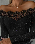 Women's off-shoulder long-sleeve top with floral lace trim and glitter flecks