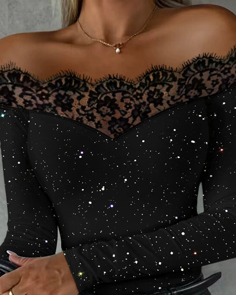 Women's off-shoulder long-sleeve top with floral lace trim and glitter flecks