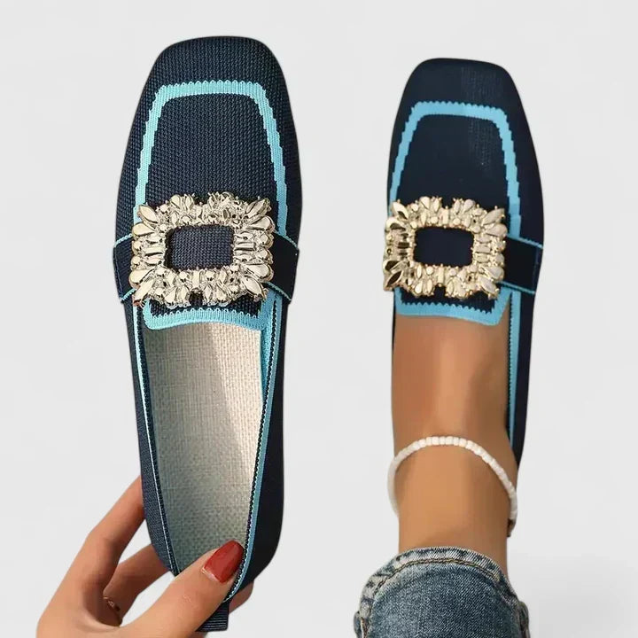 Women's square-toe loafers with ornate rectangular buckle and contrast trim