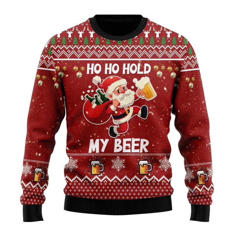 Men's festive Christmas jumper with beer graphics, long sleeves and ribbed trims