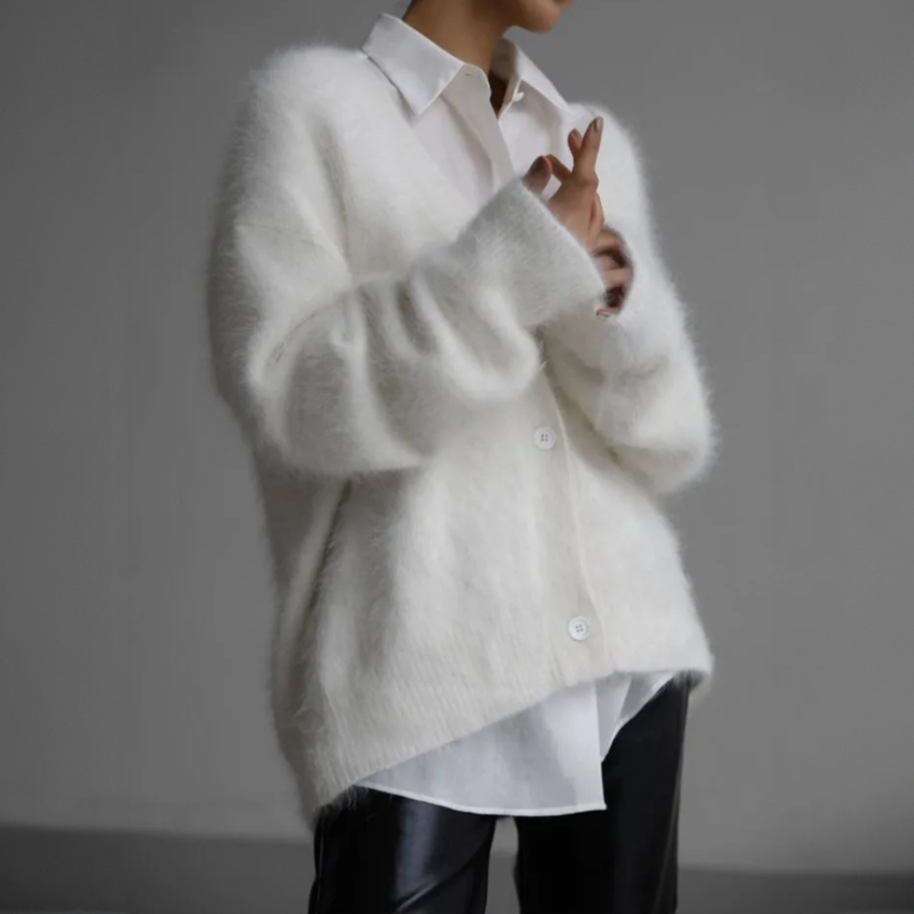 Women's textured knit cardigan with V-neckline, long sleeves and button front
