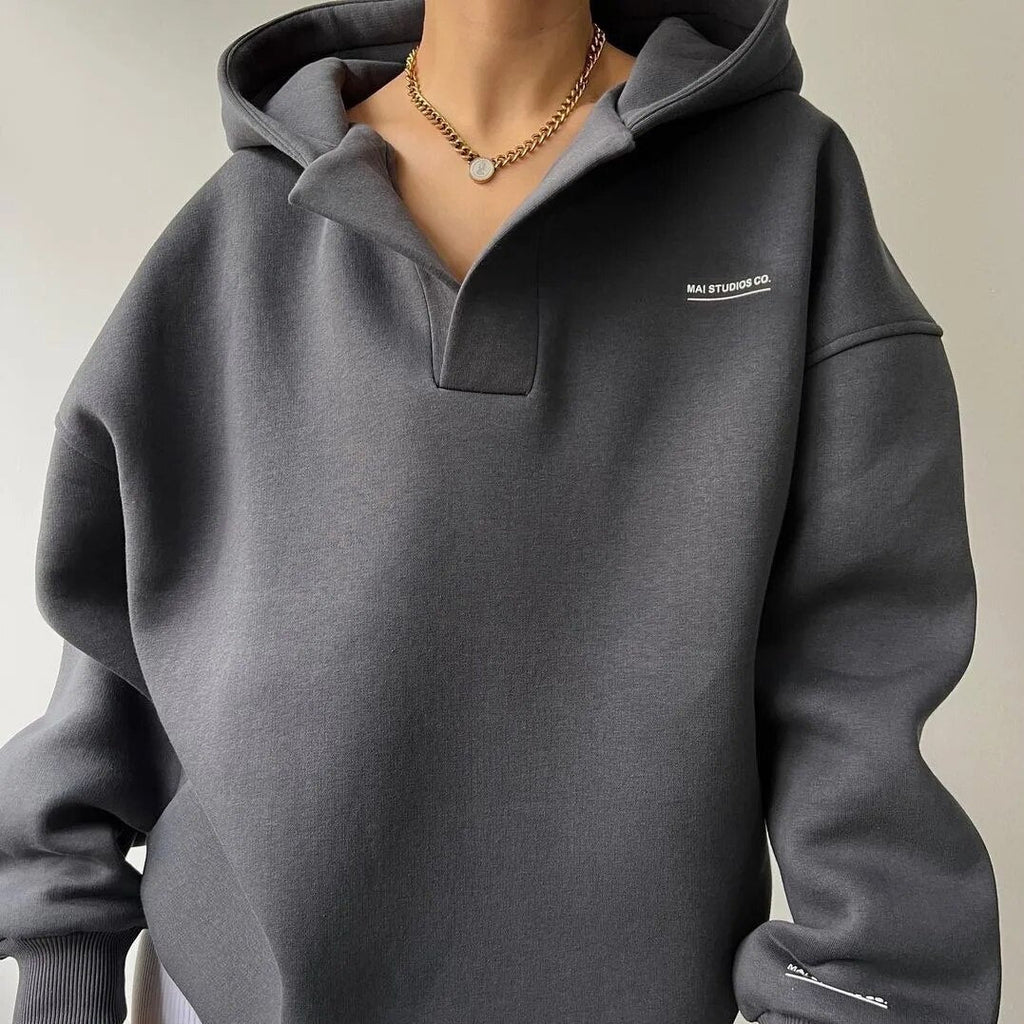 Women's oversized solid crossover hood lounge hoodie with long sleeves and ribbed trims