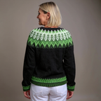 Women's black cardigan with green and white geometric pattern and button front