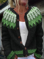 Women's black cardigan with green and white geometric pattern and button front