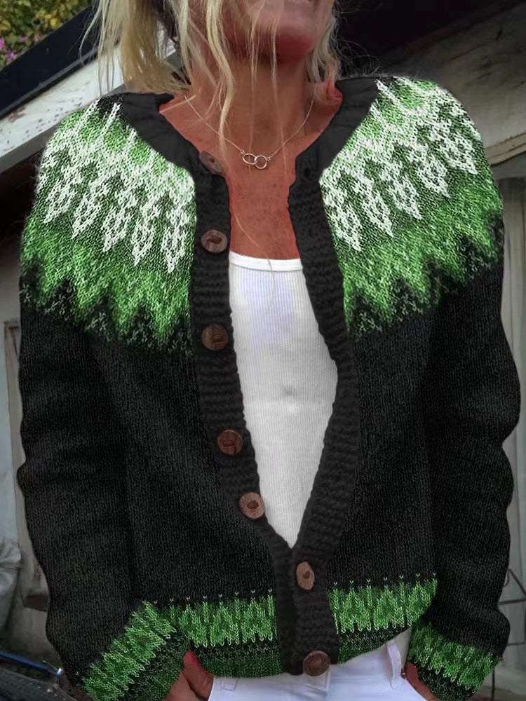 Women's black cardigan with green and white geometric pattern and button front
