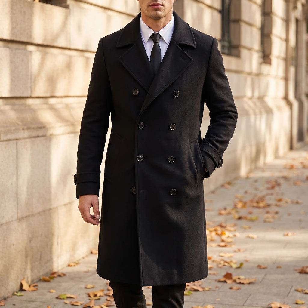Men's long double-breasted coat with wide lapels and button front