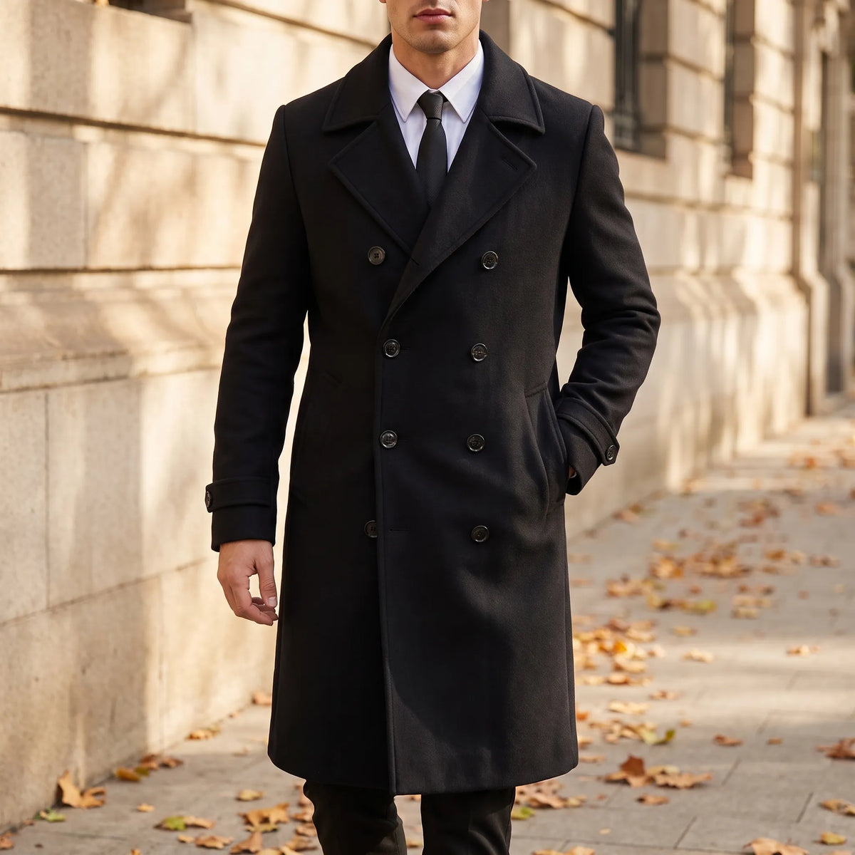 Men's long double-breasted coat with wide lapels and button front