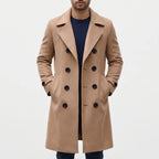 Men's long double-breasted coat with wide lapels and button front