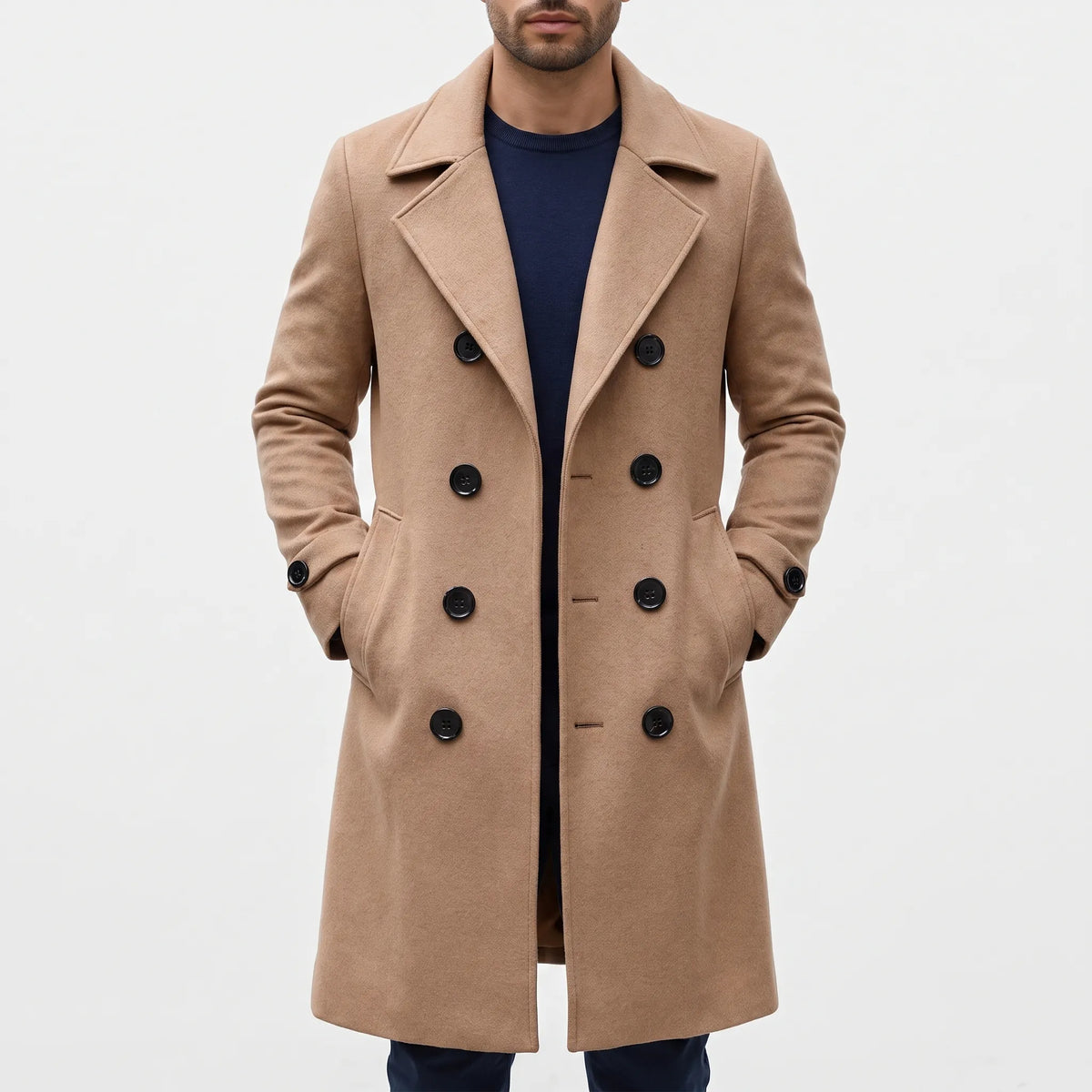Men's long double-breasted coat with wide lapels and button front
