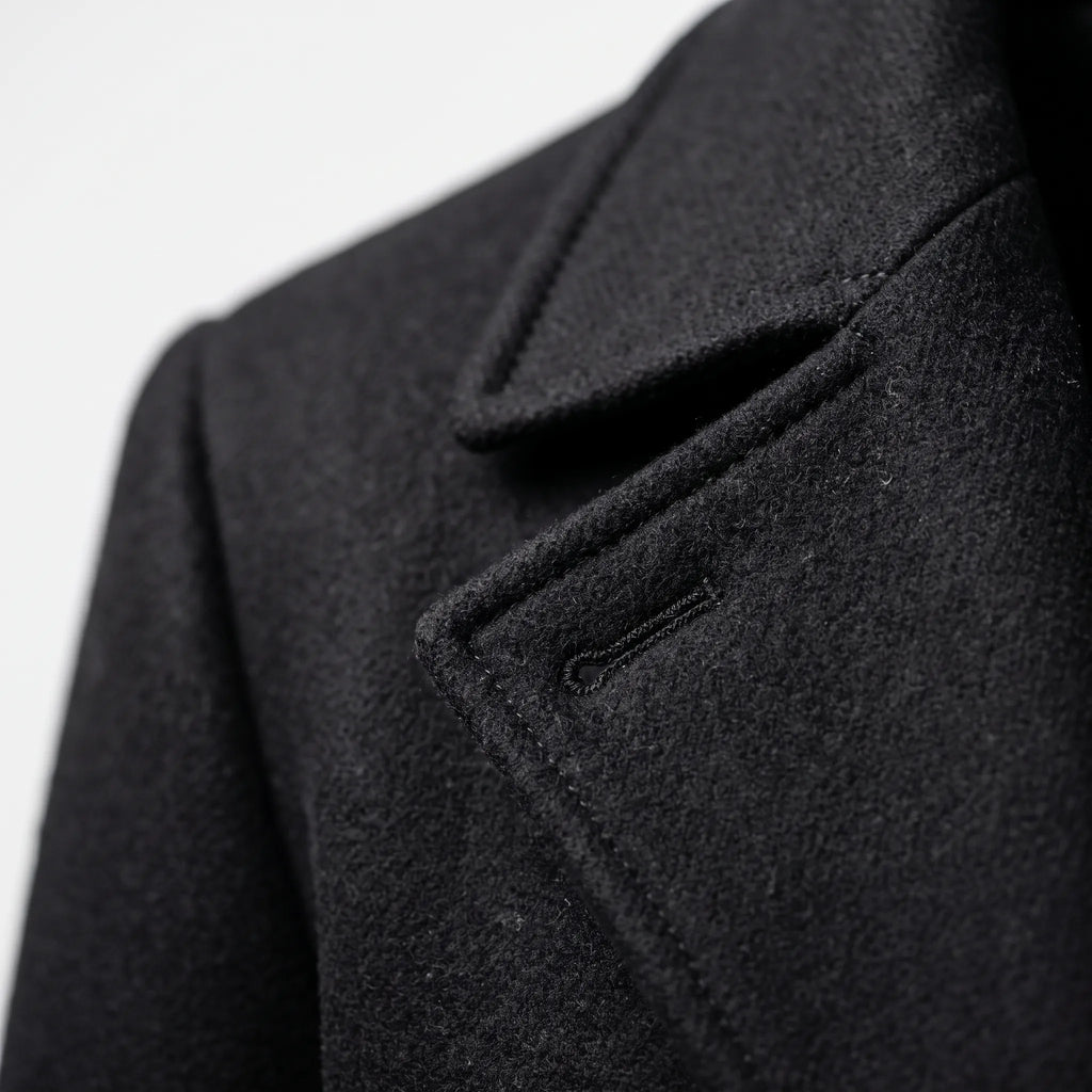 Men's long double-breasted coat with wide lapels and button front