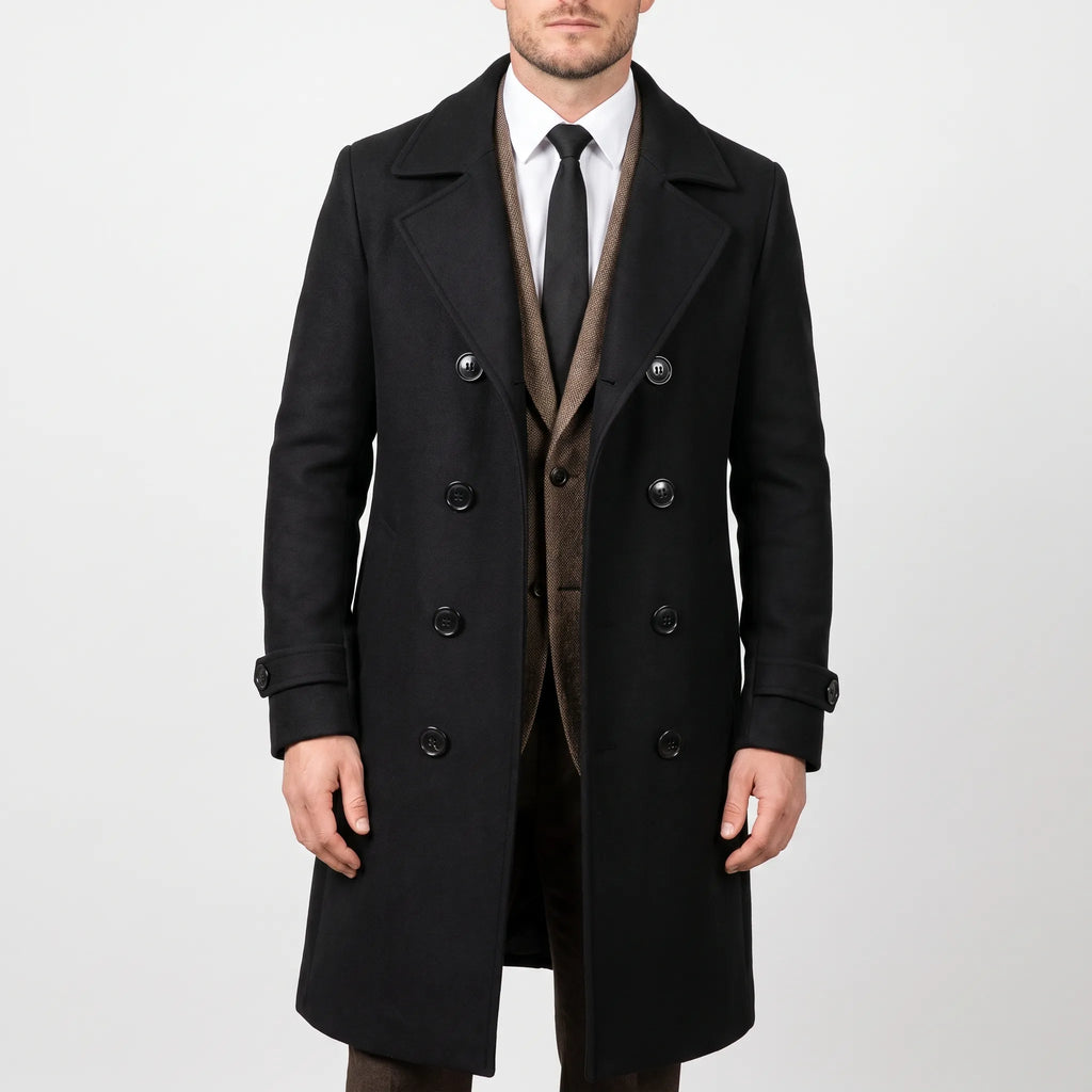 Men's long double-breasted coat with wide lapels and button front