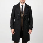 Men's long double-breasted coat with wide lapels and button front