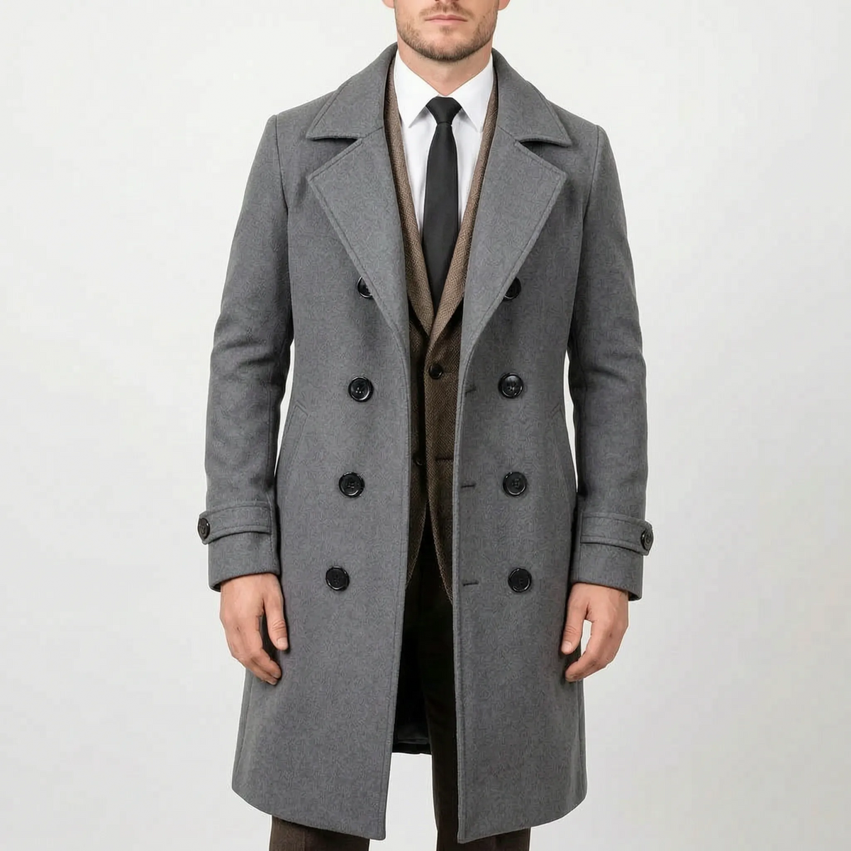 Men's long double-breasted coat with wide lapels and button front